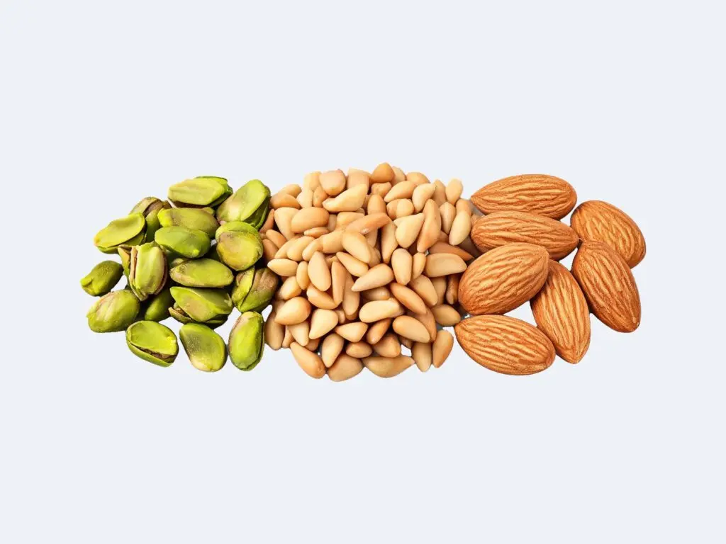 Foods rich in beta-Sitosterol: pistachio nuts, pine nuts and almonds